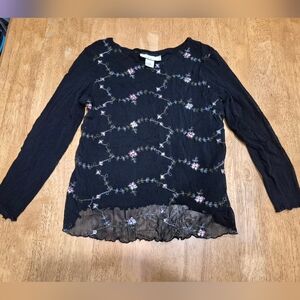 EUC Tiramisu Black Floral Embroidered Long Sleeve Sheer Y2K Top Blouse